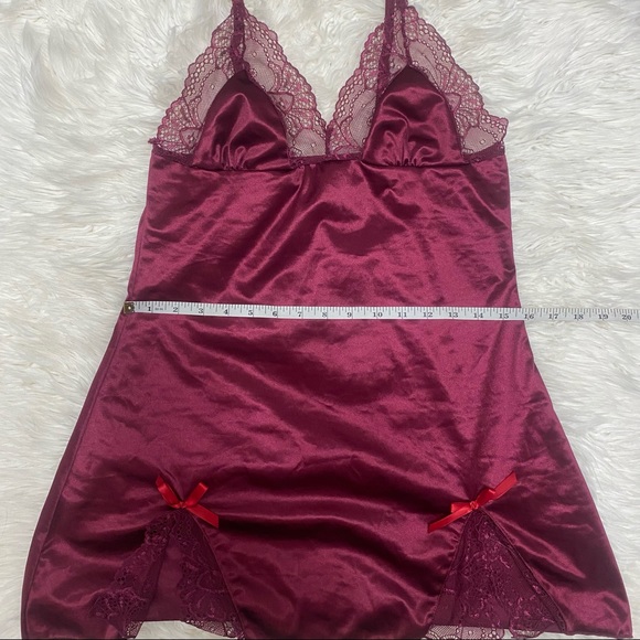 SHEIN | Satin Lace & Bows Babydoll Slip & G String Lingerie Maroon - Picture 12 of 14